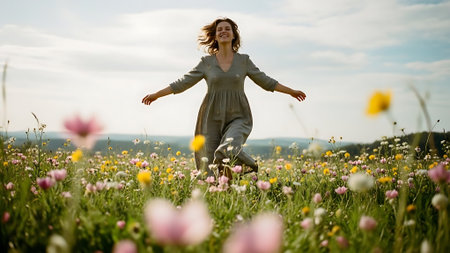 Young woman running on meadow with wild flowers in summertime.の素材