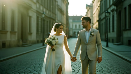 gorgeous wedding couple walking in the old city of Lvivの素材
