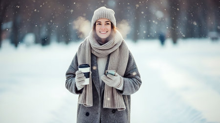 Beautiful young woman in winter clothes with a cup of hot coffeeの素材