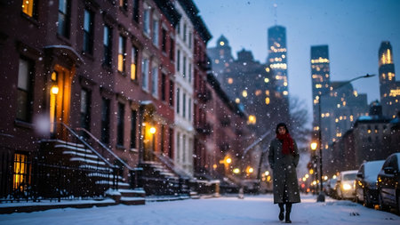 Snowfall in New York City, USA. Woman walking in New York City.の素材