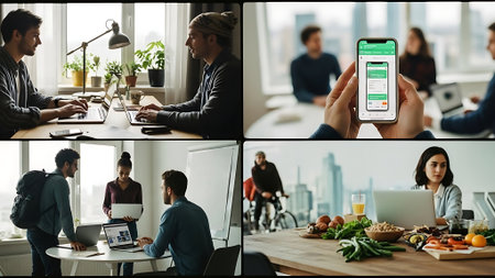 collage of young businesspeople using smartphone with online shopping app in officeの素材