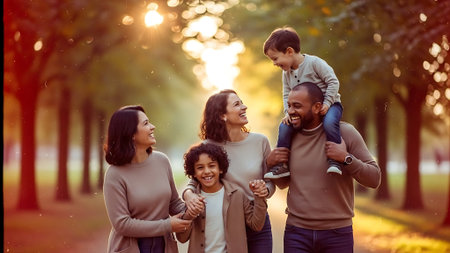 happy family with kids having fun at autumn park or park in eveningの素材