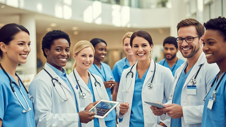 hospital, profession, people and medicine concept - group of smiling doctors with tablet pc computer in hospitalの素材
