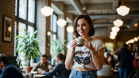 Beautiful young woman with cup of coffee in cafe. Coffee break.の素材
