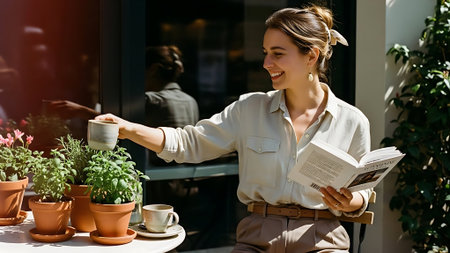 Beautiful young woman drinking coffee and reading a magazine while sitting in a cafeの素材