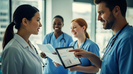 group of happy doctors with tablet pc computer discussing something at medical officeの素材