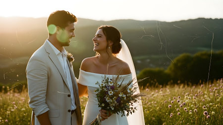 Beautiful bride and groom on their wedding day. Bride and groom on the nature.の素材