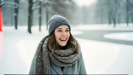 Portrait of a beautiful young woman in a gray coat and gray scarf on the background of a winter park.の素材