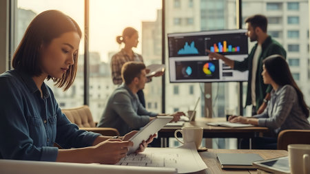 Group of young business people in smart casual wear working on laptop and tablet computer while sitting at workplace in officeの素材