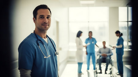 Portrait of smiling male doctor standing in hospital corridor with other doctors in backgroundの素材