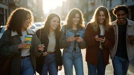 Group of multiethnic young women using mobile phones in the cityの素材