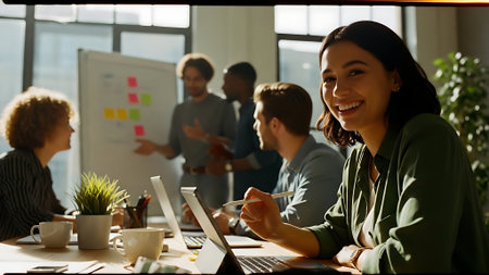 Portrait of smiling businesswoman working on laptop in office with colleagues in backgroundの素材