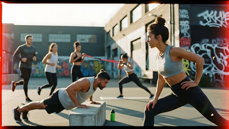 Sporty young couple training in the city. Sport, fitness, healthy lifestyle.の素材