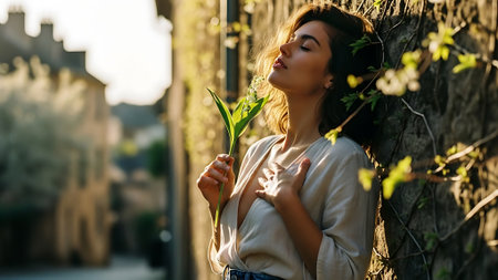 Portrait of a beautiful young woman in a white T-shirt and jeans with a green plant in her hand.の素材