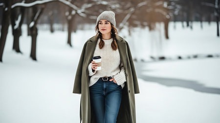Beautiful young woman walking in the winter park and drinking coffee.の素材