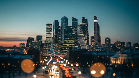 Cityscape of Frankfurt am Main at night with light trails. Germanyの素材