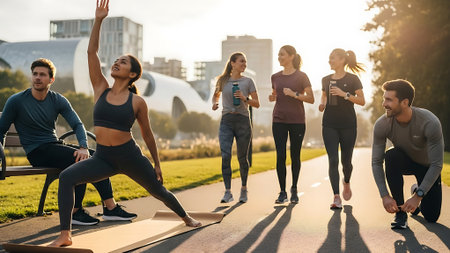 Group of young people in sportswear doing stretching exercises outdoors.の素材