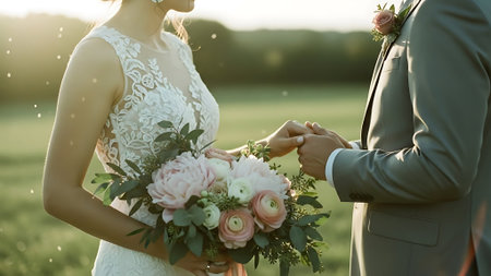 Wedding couple holding hands on the background of the field.の素材