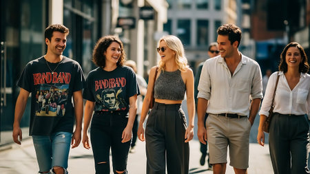 Group of young people walking in the city. Group of friends walking in the city.の素材