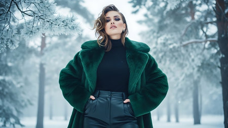 Beautiful young woman in a green fur coat in the winter forestの素材