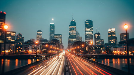 Cityscape of Chicago, Illinois, USA at night with light trails.の素材