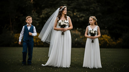 Wedding couple with bridesmaids in the park.の素材