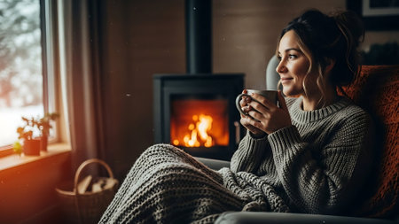 Young woman sitting on sofa with cup of coffee in front of fireplaceの素材