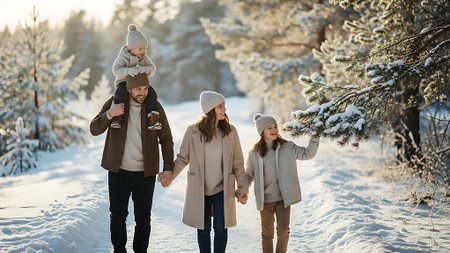 Happy family walking in the winter forest. Father, mother and daughter walk in the winter forest.の素材