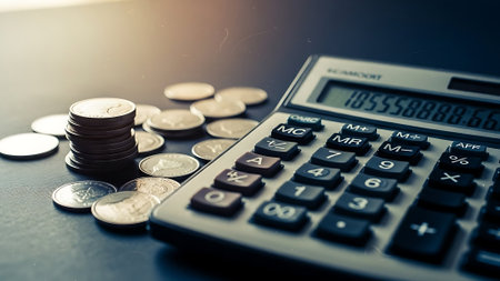 Coins and calculator on the table with filter effect retro vintage styleの素材