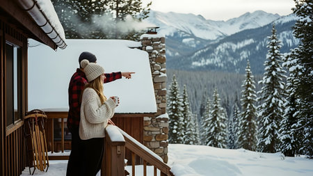 Young woman pointing with finger at snow covered cottage in mountains. Winter vacation conceptの素材