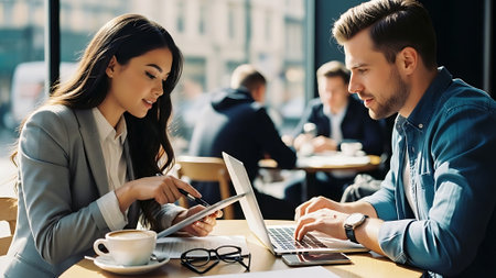 business, technology and people concept - smiling businesswoman with tablet pc computer and businessman in cafeの素材