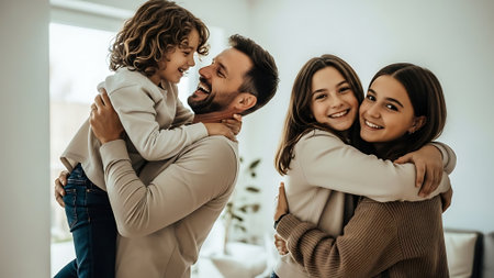 Beautiful young family is hugging and smiling while spending time together at homeの素材
