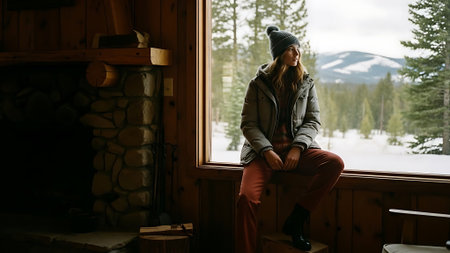 Young woman in warm clothes sitting on the windowsill and looking at the mountainsの素材