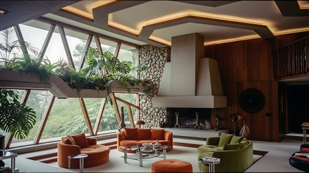 Interior of a modern living room with fireplace and armchairs.の素材