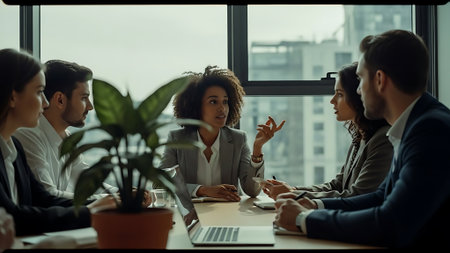 Group of business people working and communicating together at meeting in office.の素材