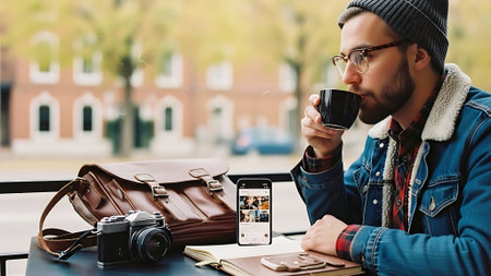 young man drinking coffee and using smartphone with blank screen while sitting in cafeの素材