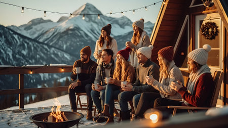 Group of friends drinking coffee and talking in front of a mountain hutの素材
