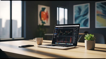 Laptop with stock market data on screen. Investment and trading concept.の素材