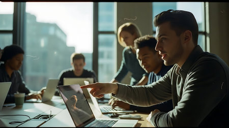 Young man working on a laptop in the office with colleagues in the backgroundの素材