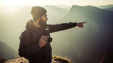 Hipster man with camera on the top of a mountain pointing at the mountainsの素材
