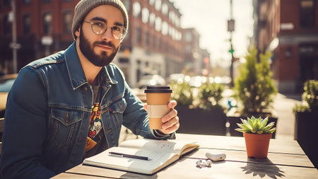 Handsome bearded hipster man in eyeglasses is drinking coffee and smiling while sitting in cafe outdoorsの素材