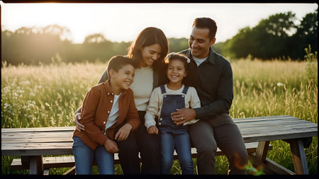 Happy family sitting on a wooden bench in the field at sunset.の素材