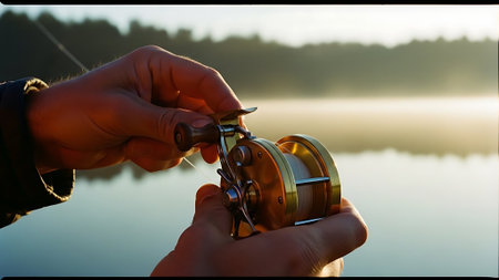 Fishing reel in hand on the background of the lake at sunsetの素材