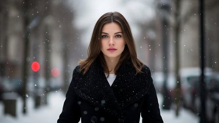Portrait of a beautiful young woman in a snowy city street.の素材