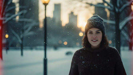 Portrait of a beautiful young woman in the city. Snowfall.の素材