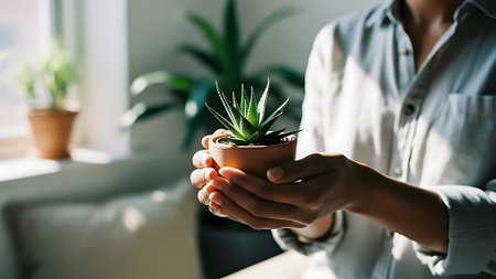 Close up of woman hands holding pot with cactus plant at homeの素材