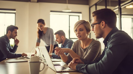 Group of young business people in smart casual wear using laptop computer while working in creative officeの素材