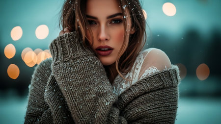 Beautiful young woman in a warm knitted sweater on the background of the night cityの素材