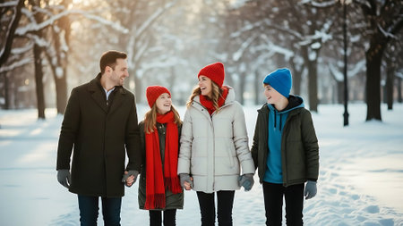 Happy family in winter park. Mother, father and their children in warm clothes.の素材