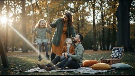 Happy family spending time together in autumn park. Mother, father and children having fun outdoors.の素材